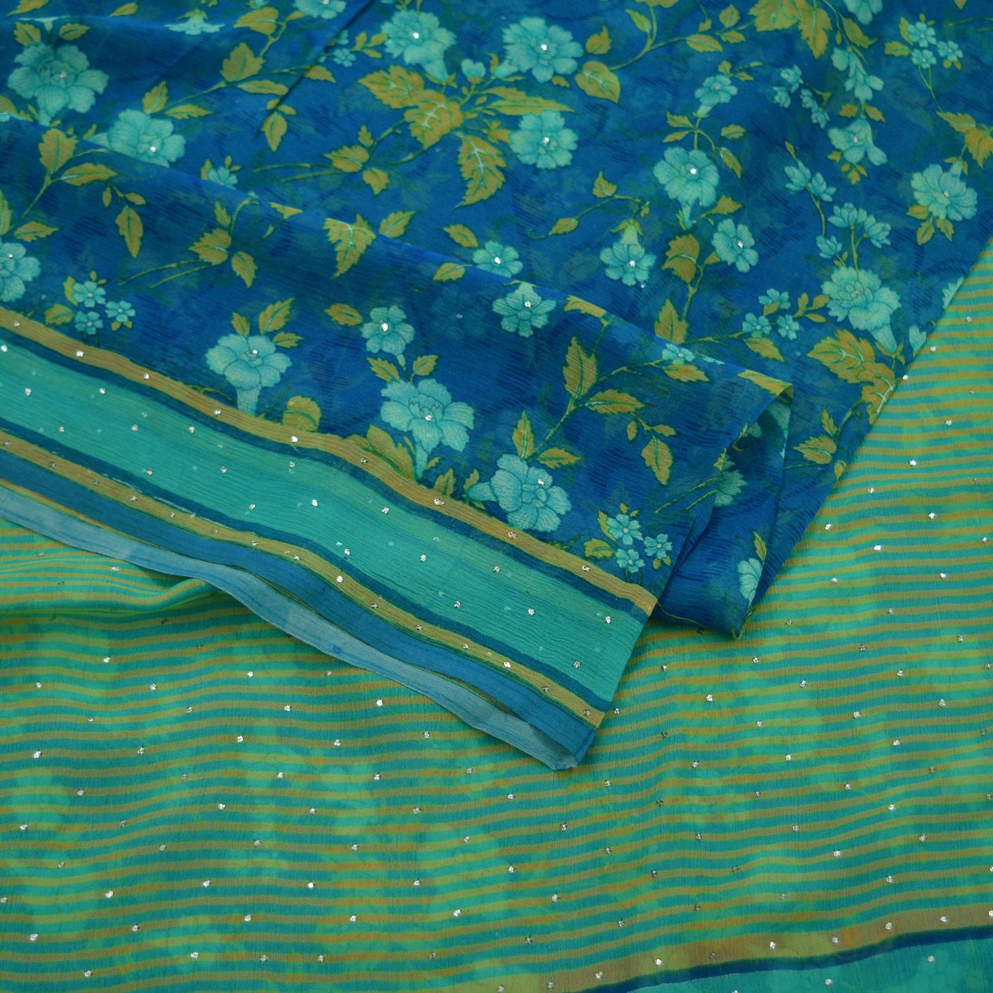 Vintage Sari Blue & Green Pure Chiffon Silk Hand Embroidered Mukesh Printed Sarees Craft Fabric Sewing 6Yd Soft Dress Making Crafting