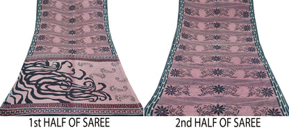 Indian Vintage Sari Ivory & Pink Printed Pure Cotton Saree Craft Fabric 5Yd Soft Sewing Sarong Wrap Boho Floral Dress making Crafting