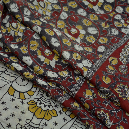 Indian Vintage Sari Brown Kalamkari Printed Pure Cotton Saree Fabric Soft Floral 5Yd Sarong Wrap Fabric Cows Dress Making Crafting