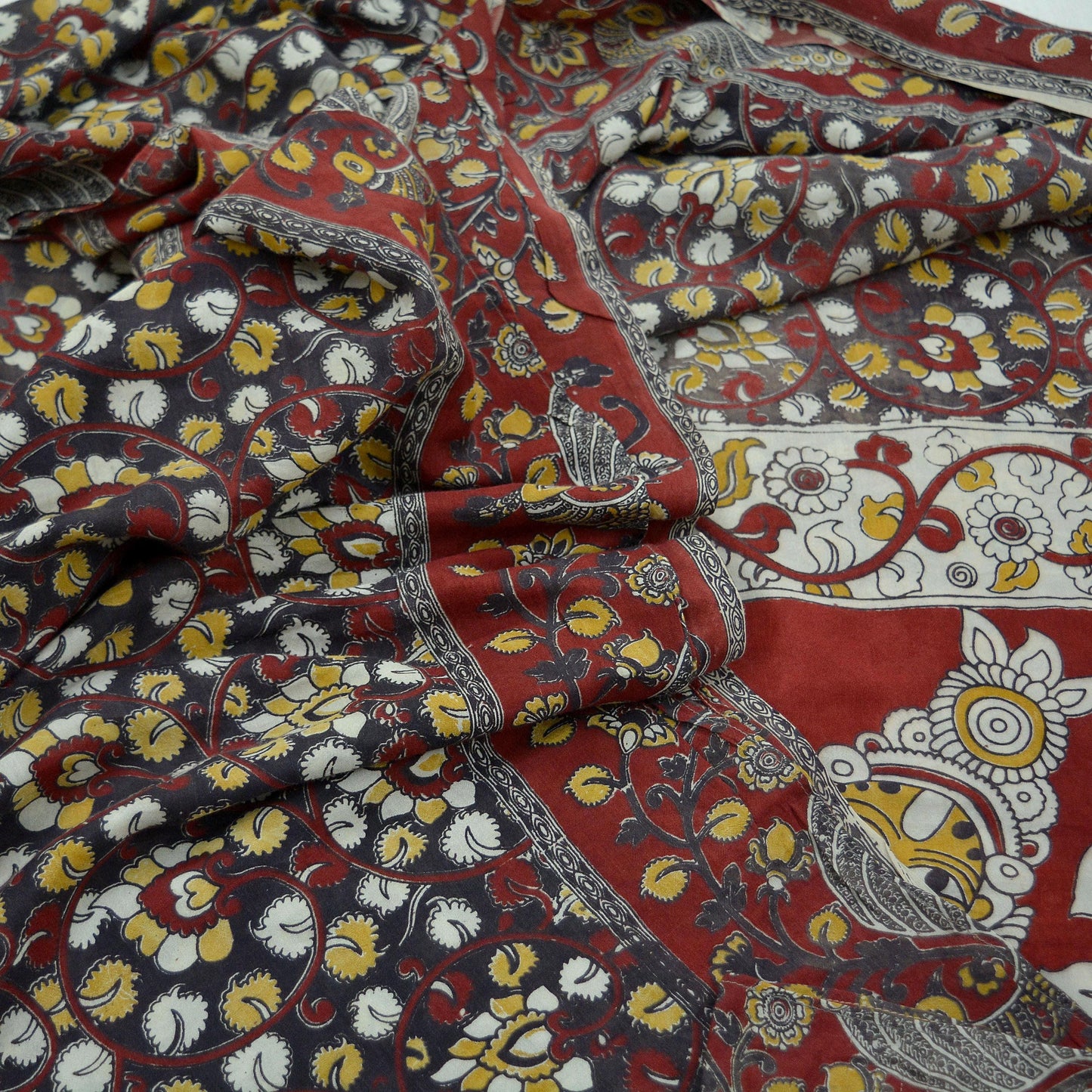 Indian Vintage Sari Brown Kalamkari Printed Pure Cotton Saree Fabric Soft Floral 5Yd Sarong Wrap Fabric Cows Dress Making Crafting