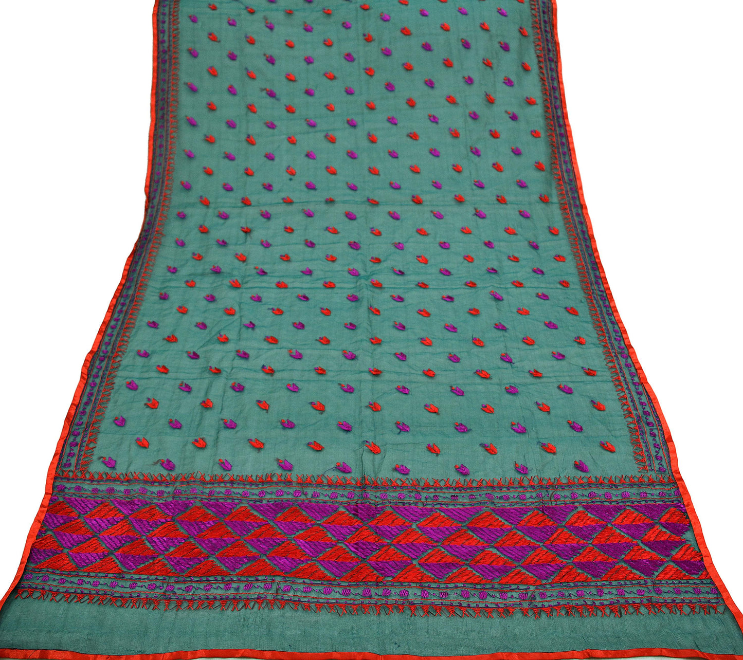 Indian Vintage Green Dupatta Long Stole Hand Embroidered Bagh Phulkari Stole Scarves Red lace Party wear