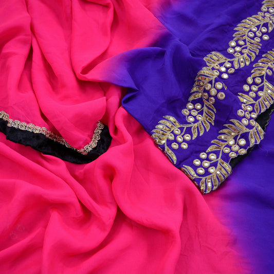 Indian Vintage Pink & Purple Dupatta Long Stole Pure Silk Hand Embroidered Scarves Veil Scarf Wrap Hippie Boho Zardozi/ Dabka