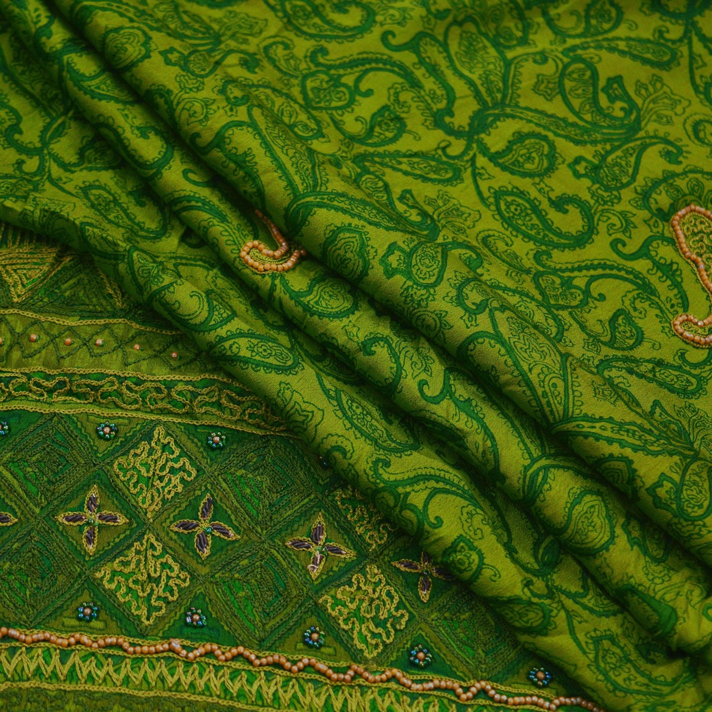 Indian Vintage Green Dupatta Pure silk Long Stole Hand Embroidered Scarves Floral Stole Veil Wrap