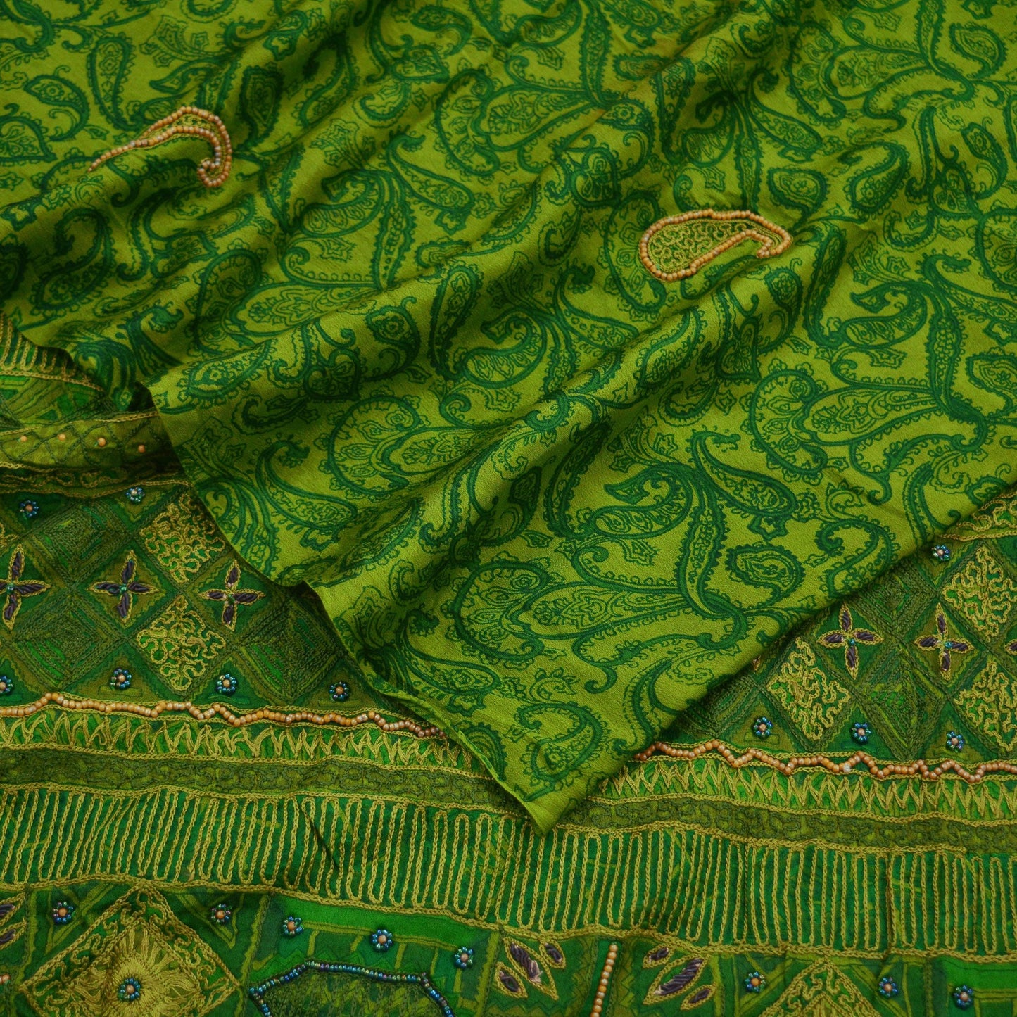 Indian Vintage Green Dupatta Pure silk Long Stole Hand Embroidered Scarves Floral Stole Veil Wrap