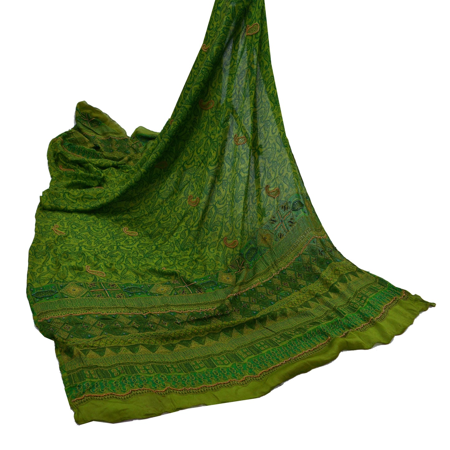 Indian Vintage Green Dupatta Pure silk Long Stole Hand Embroidered Scarves Floral Stole Veil Wrap