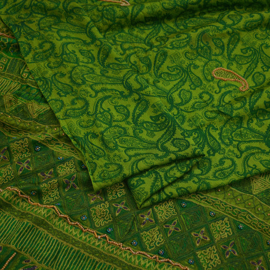 Indian Vintage Green Dupatta Pure silk Long Stole Hand Embroidered Scarves Floral Stole Veil Wrap