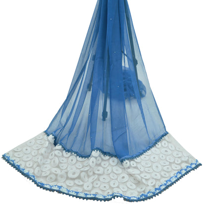 Indian Vintage Blue & White Dupatta Pure Chiffon silk Long Stole Hand Embroidered Scarves Floral Design Stole Veil Wrap