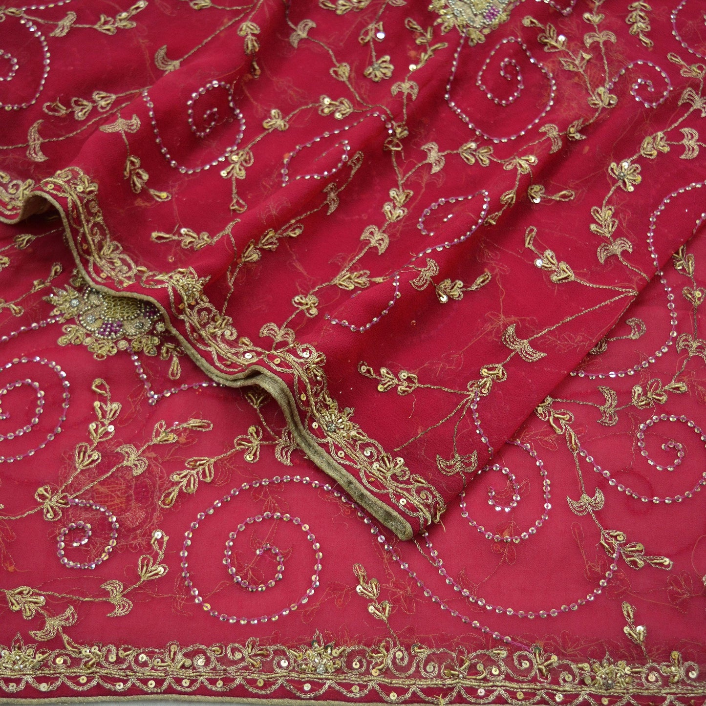 Indian Vintage Pink Dupatta Pure Georgette silk Long Stole Hand Embroidered Scarves Stole Veil Wrap Zardozi/Dabka, Zari