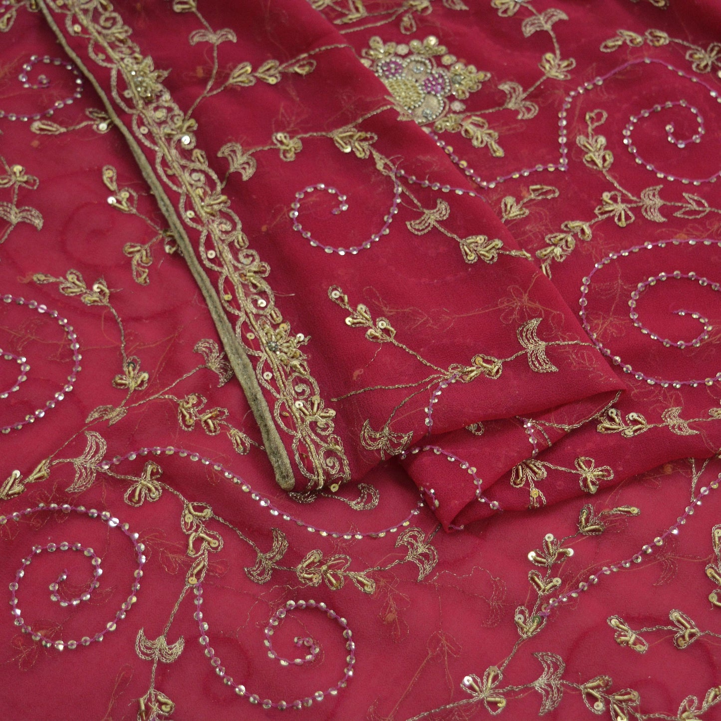 Indian Vintage Pink Dupatta Pure Georgette silk Long Stole Hand Embroidered Scarves Stole Veil Wrap Zardozi/Dabka, Zari