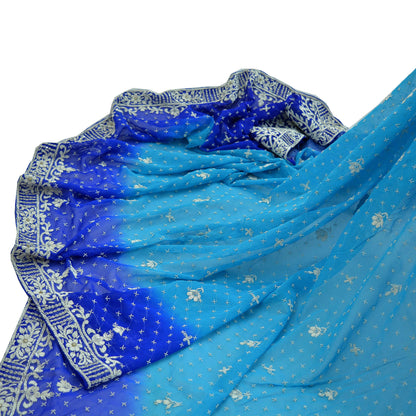 Indian Vintage Heavy Blue Dupatta Pure Georgette Silk Long Stole Hand Embroidered Scarf Zardozi/Dabka Bridal/Wedding Veil Hijab