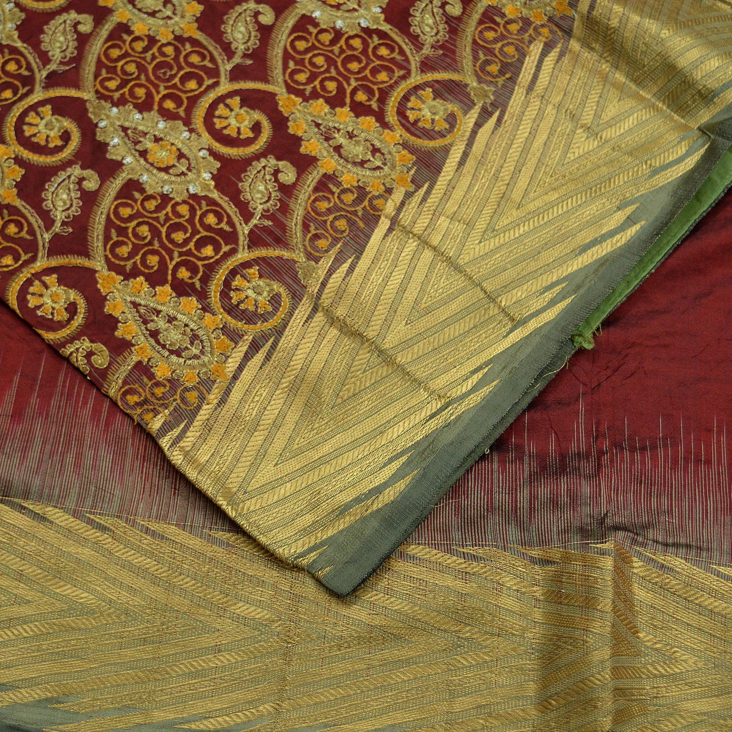 Vintage Heavy Gray & Maroon Kanjivaram Saree 100% Pure Silk Sari Metallic Golden Zari 5Yd Floral Crafting Dress making