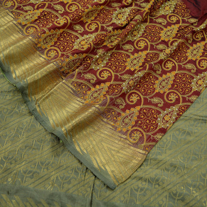 Vintage Heavy Gray & Maroon Kanjivaram Saree 100% Pure Silk Sari Metallic Golden Zari 5Yd Floral Crafting Dress making