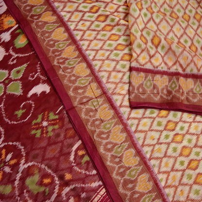 Indian Vintage Maroon & Beige Saree Pure Silk Pochampally Hand Woven Ikat Sari Craft Fabric 5Yd Ethnic Zari Border Dress making