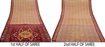 Indian Vintage Maroon & Beige Saree Pure Silk Pochampally Hand Woven Ikat Sari Craft Fabric 5Yd Ethnic Zari Border Dress making