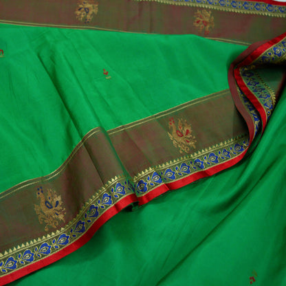 Indian Vintage Sari Red & Green Mysore Silk Hand Woven Sarees Fabric 5Yd Ethnic Dress Making Crafting Upcycle Quilting Zari Border Peacock