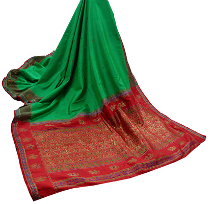 Indian Vintage Sari Red & Green Mysore Silk Hand Woven Sarees Fabric 5Yd Ethnic Dress Making Crafting Upcycle Quilting Zari Border Peacock