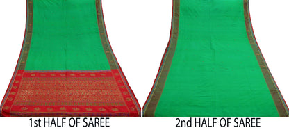 Indian Vintage Sari Red & Green Mysore Silk Hand Woven Sarees Fabric 5Yd Ethnic Dress Making Crafting Upcycle Quilting Zari Border Peacock