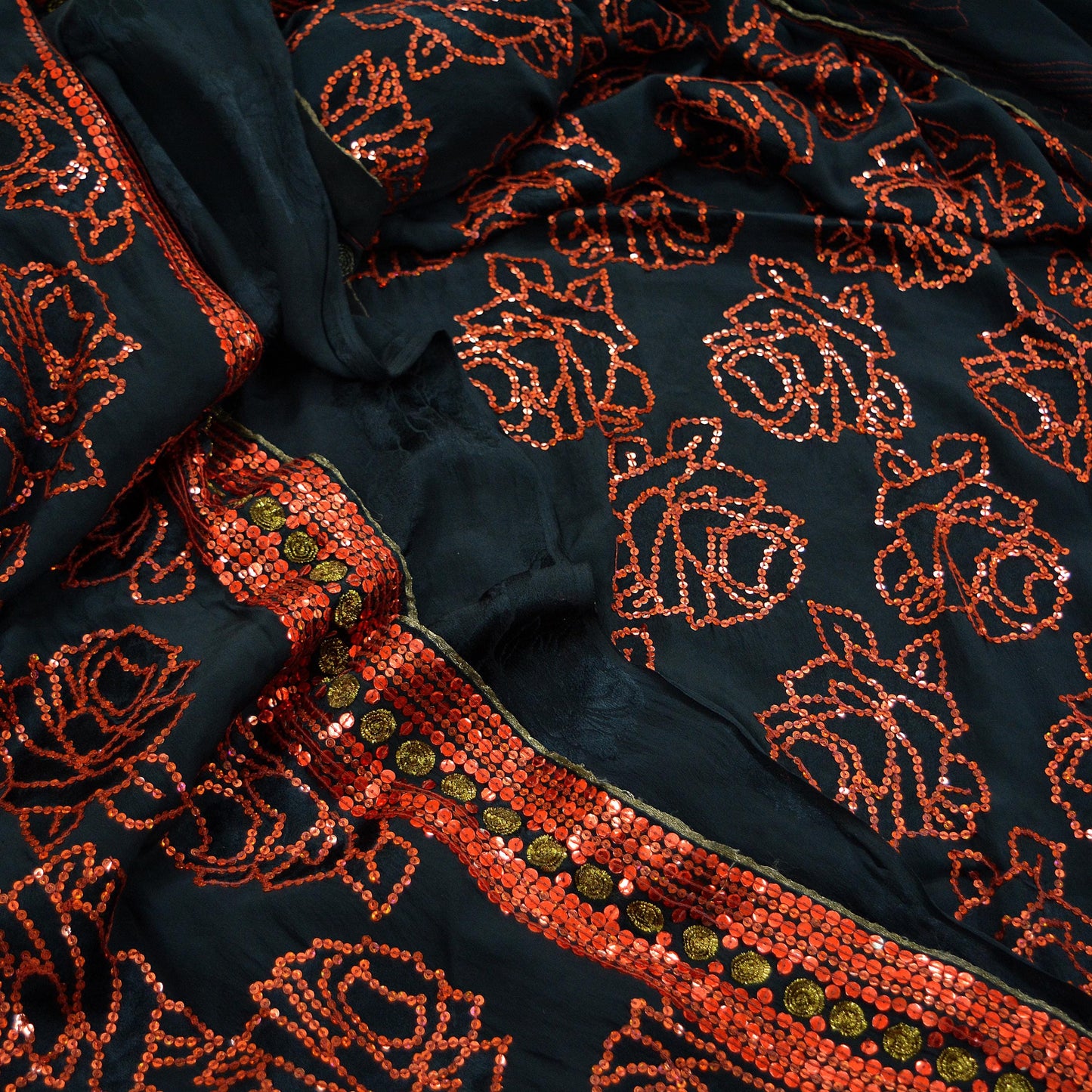 Indian Vintage Black Saree Pure Crepe Silk Hand Embroidered Sari Craft Fabric 6Yd Sewing Soft Zardozi/Dabka Sequins Wedding/Bridal Sarees