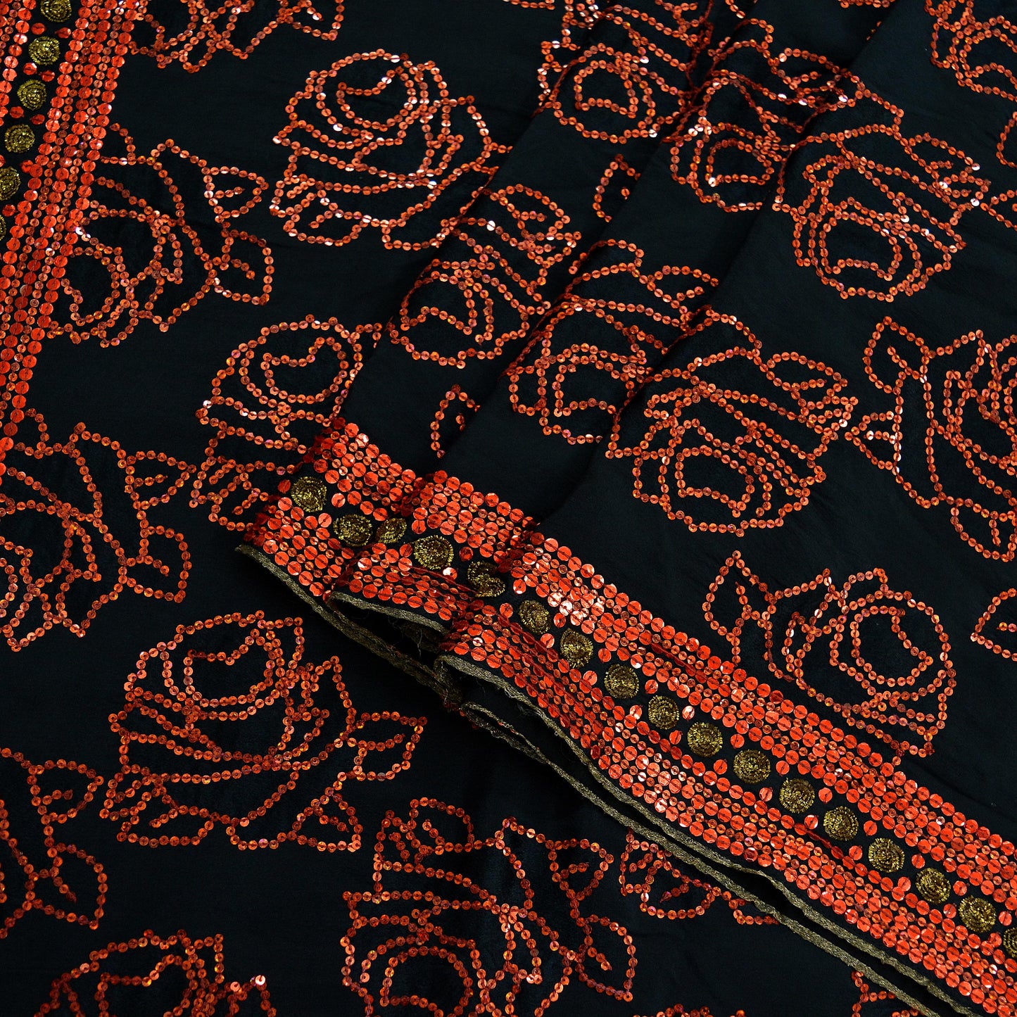 Indian Vintage Black Saree Pure Crepe Silk Hand Embroidered Sari Craft Fabric 6Yd Sewing Soft Zardozi/Dabka Sequins Wedding/Bridal Sarees