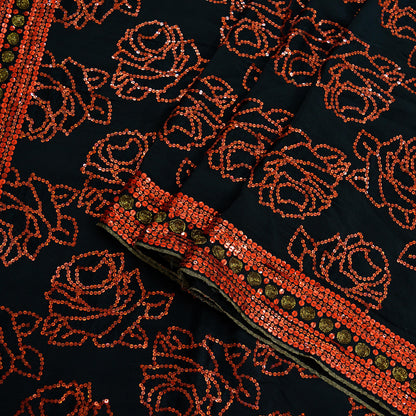 Indian Vintage Black Saree Pure Crepe Silk Hand Embroidered Sari Craft Fabric 6Yd Sewing Soft Zardozi/Dabka Sequins Wedding/Bridal Sarees