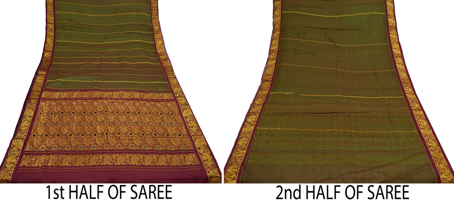 Indian Vintage Heavy Green & Maroon Kanjivaram Saree 100% Pure Silk Sari Metallic Golden Zari 5Yd Floral Crafting Dress making