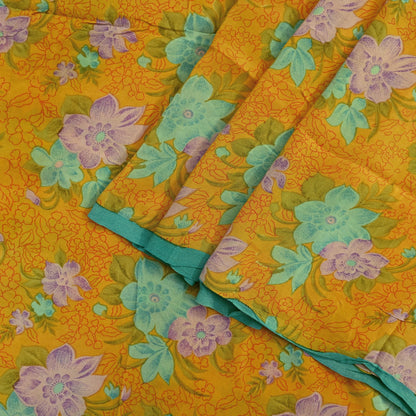 Indian Vintage Sari Mustard Pure Crepe Silk Printed Saree 5yd Sewing Floral Soft Craft Fabric Wrap Dress making Crafting Quilting Designing