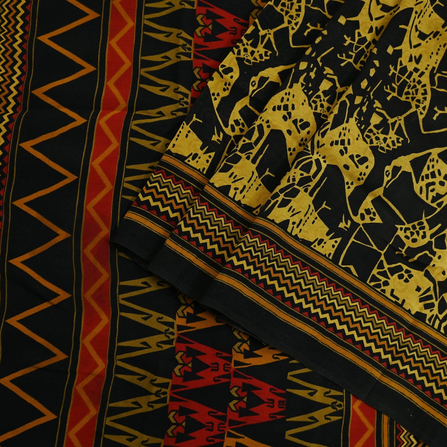Indian Vintage Sari Mustard & Black Pure Crepe Silk Printed Sarees 5yd Sewing Soft Craft Fabric Floral Wrap Quilting Dress Making Crafting