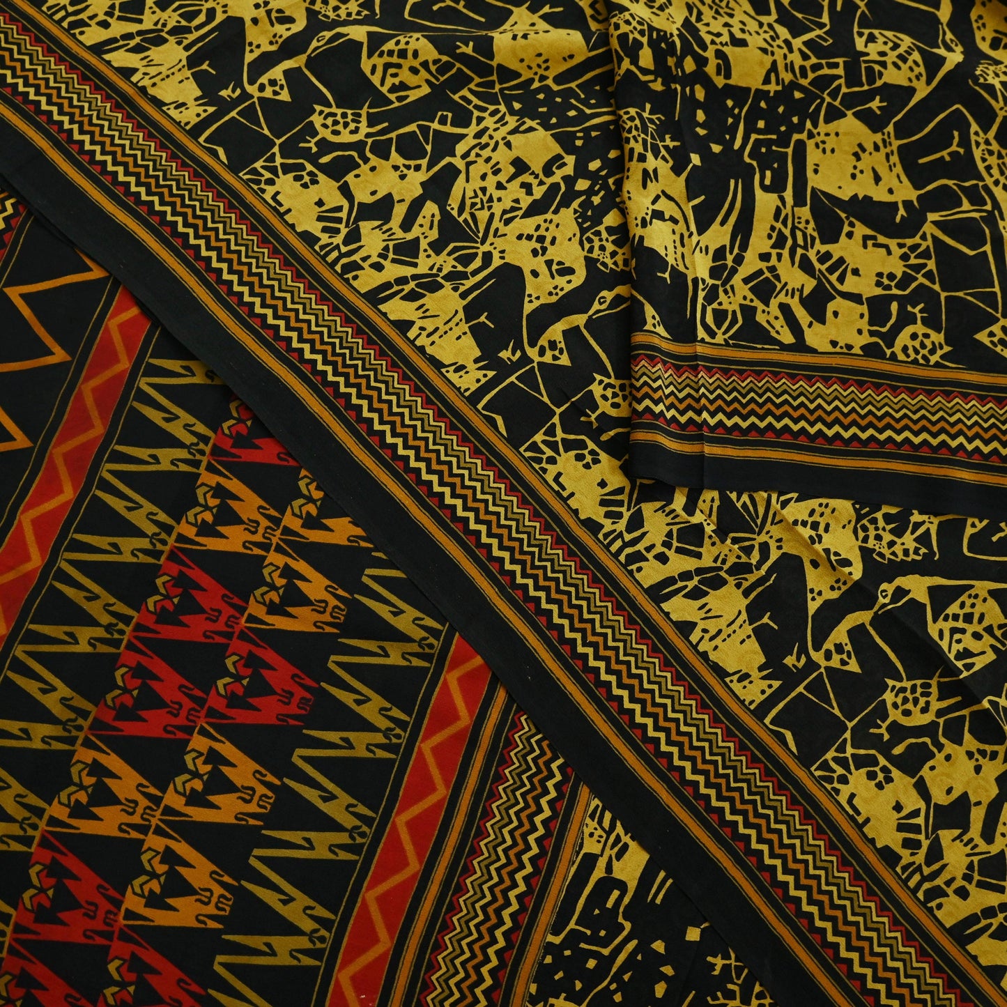Indian Vintage Sari Mustard & Black Pure Crepe Silk Printed Sarees 5yd Sewing Soft Craft Fabric Floral Wrap Quilting Dress Making Crafting