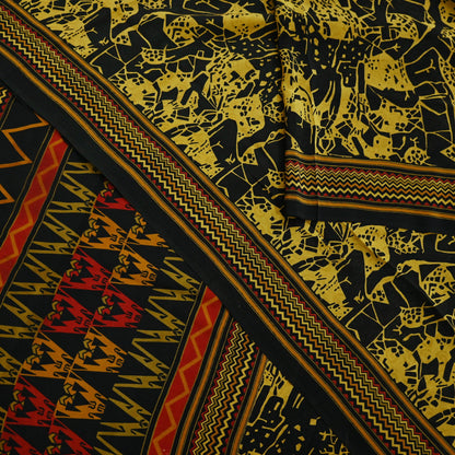 Indian Vintage Sari Mustard & Black Pure Crepe Silk Printed Sarees 5yd Sewing Soft Craft Fabric Floral Wrap Quilting Dress Making Crafting