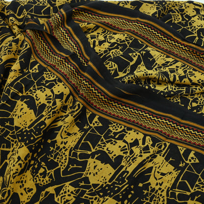 Indian Vintage Sari Mustard & Black Pure Crepe Silk Printed Sarees 5yd Sewing Soft Craft Fabric Floral Wrap Quilting Dress Making Crafting