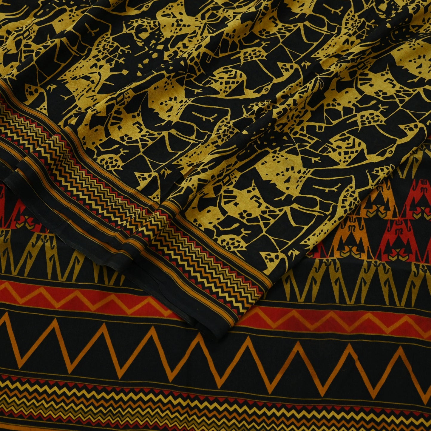 Indian Vintage Sari Mustard & Black Pure Crepe Silk Printed Sarees 5yd Sewing Soft Craft Fabric Floral Wrap Quilting Dress Making Crafting