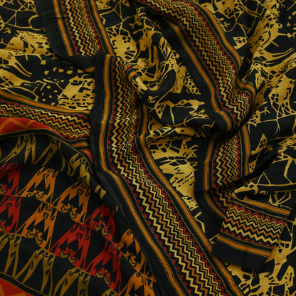 Indian Vintage Sari Mustard & Black Pure Crepe Silk Printed Sarees 5yd Sewing Soft Craft Fabric Floral Wrap Quilting Dress Making Crafting