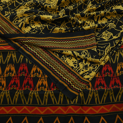 Indian Vintage Sari Mustard & Black Pure Crepe Silk Printed Sarees 5yd Sewing Soft Craft Fabric Floral Wrap Quilting Dress Making Crafting