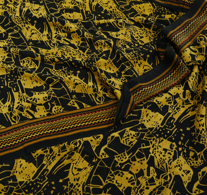 Indian Vintage Sari Mustard & Black Pure Crepe Silk Printed Sarees 5yd Sewing Soft Craft Fabric Floral Wrap Quilting Dress Making Crafting
