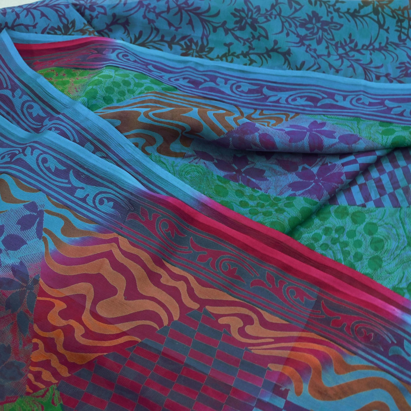 Indian Vintage Sari Blue & Purple Pure Chiffon Silk Printed Sarees Craft Fabric Sewing 6Yd Soft Light Sari Dress Making