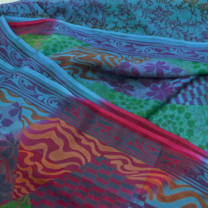 Indian Vintage Sari Blue & Purple Pure Chiffon Silk Printed Sarees Craft Fabric Sewing 6Yd Soft Light Sari Dress Making
