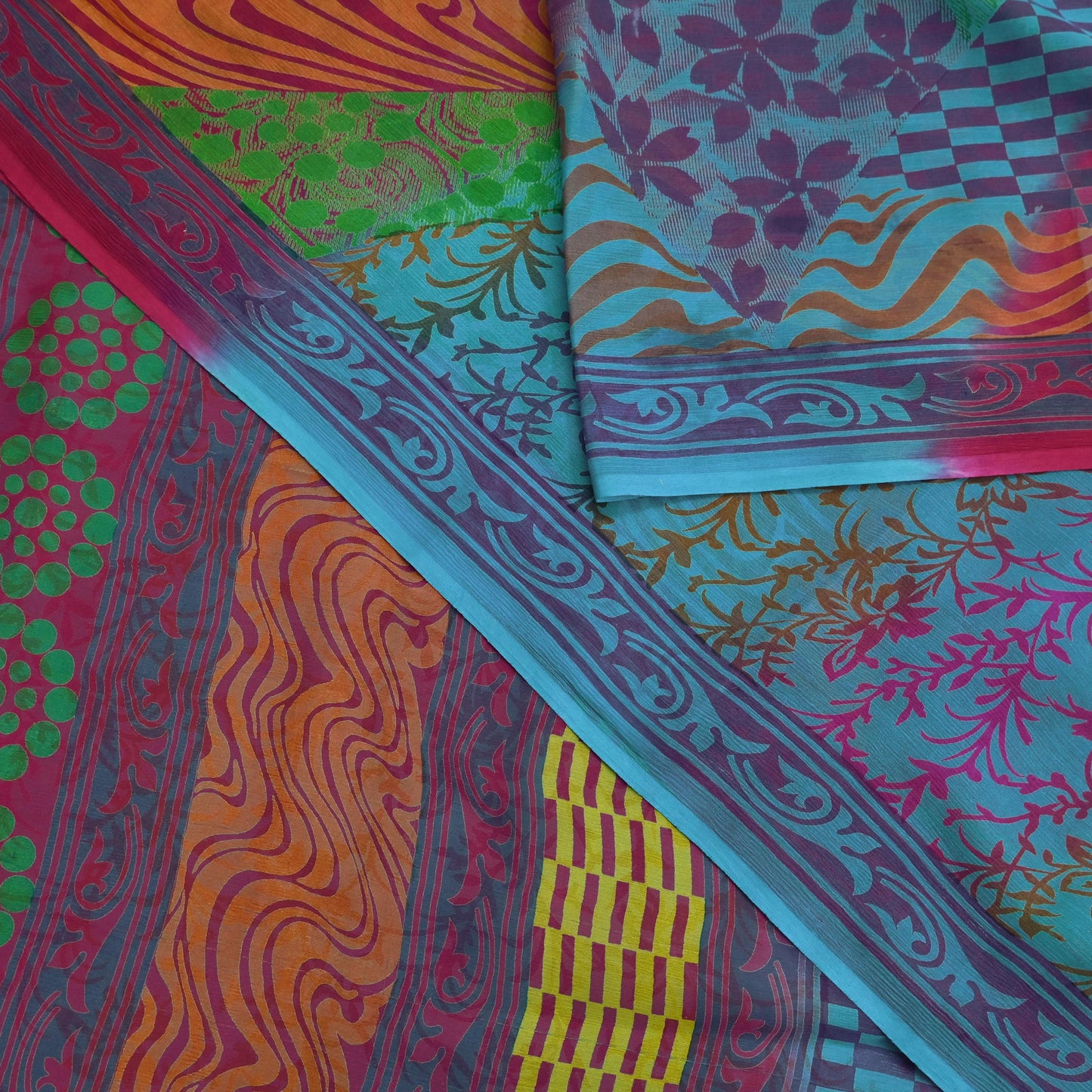 Indian Vintage Sari Blue & Purple Pure Chiffon Silk Printed Sarees Craft Fabric Sewing 6Yd Soft Light Sari Dress Making