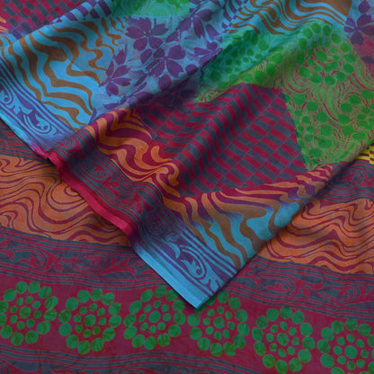 Indian Vintage Sari Blue & Purple Pure Chiffon Silk Printed Sarees Craft Fabric Sewing 6Yd Soft Light Sari Dress Making