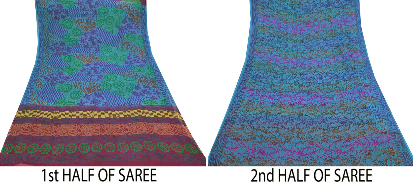 Indian Vintage Sari Blue & Purple Pure Chiffon Silk Printed Sarees Craft Fabric Sewing 6Yd Soft Light Sari Dress Making