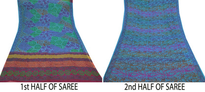 Indian Vintage Sari Blue & Purple Pure Chiffon Silk Printed Sarees Craft Fabric Sewing 6Yd Soft Light Sari Dress Making