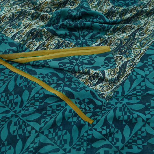 Indian Vintage Saree Ivory & Blue Pure Georgette Silk Printed Sari Sewing 5yd Craft Soft Floral Dress Designing for Crafting