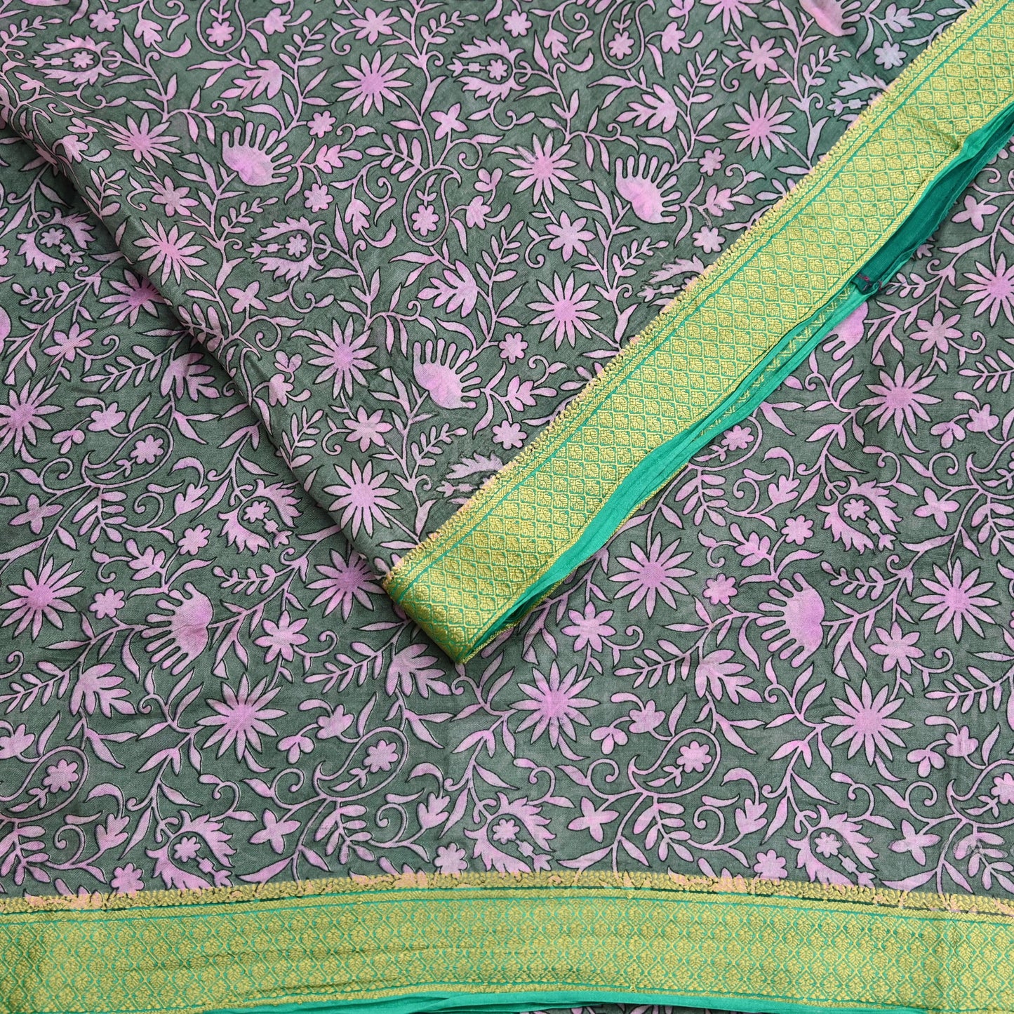 Indian Vintage Sari Gray & Pink 100% Pure Silk Printed Sarees Craft Fabric 5yd Sewing DressMaking Floral Crafting Quilting Upcycle