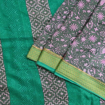 Indian Vintage Sari Gray & Pink 100% Pure Silk Printed Sarees Craft Fabric 5yd Sewing DressMaking Floral Crafting Quilting Upcycle