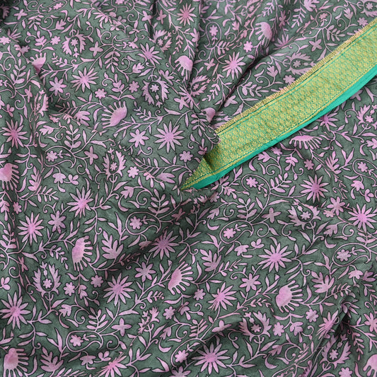 Indian Vintage Sari Gray & Pink 100% Pure Silk Printed Sarees Craft Fabric 5yd Sewing DressMaking Floral Crafting Quilting Upcycle