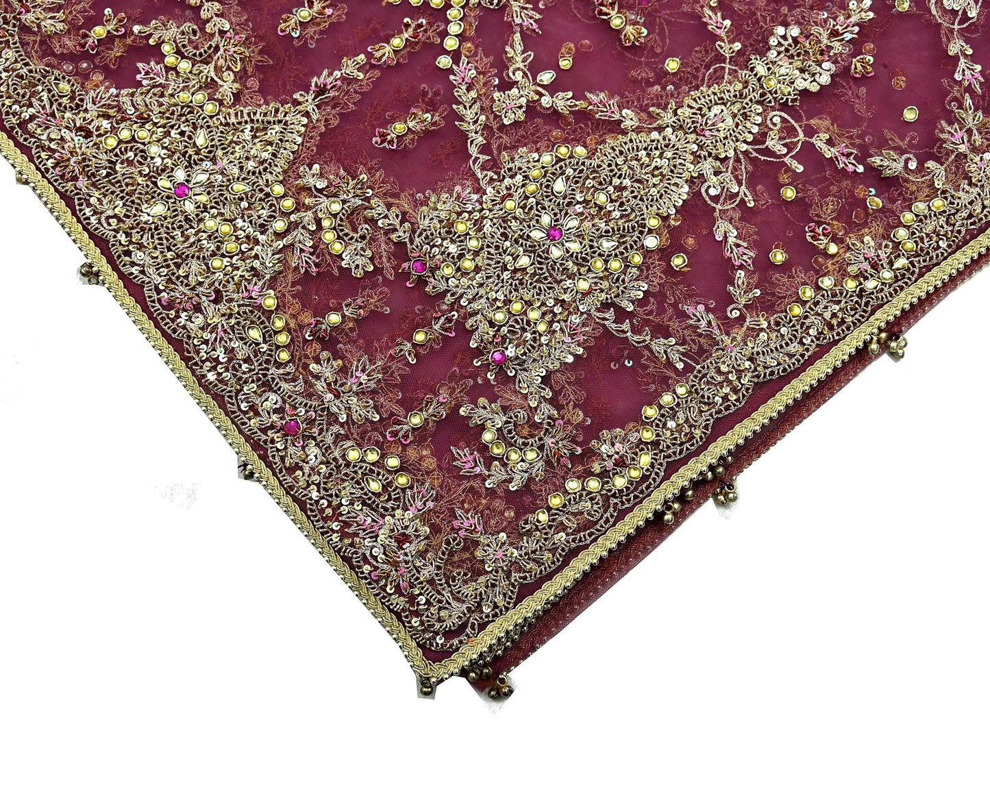Indian Vintage Heavy Purple Dupatta Net Mesh Long Stole Hand Embroidered Scarf Zardozi Zari Sequins Stole Wedding Veil