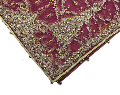 Indian Vintage Heavy Purple Dupatta Net Mesh Long Stole Hand Embroidered Scarf Zardozi Zari Sequins Stole Wedding Veil