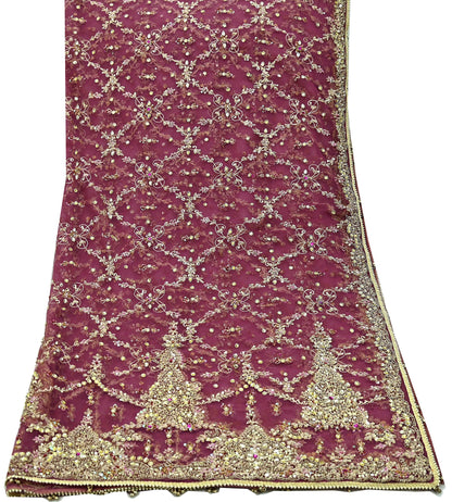 Indian Vintage Heavy Purple Dupatta Net Mesh Long Stole Hand Embroidered Scarf Zardozi Zari Sequins Stole Wedding Veil