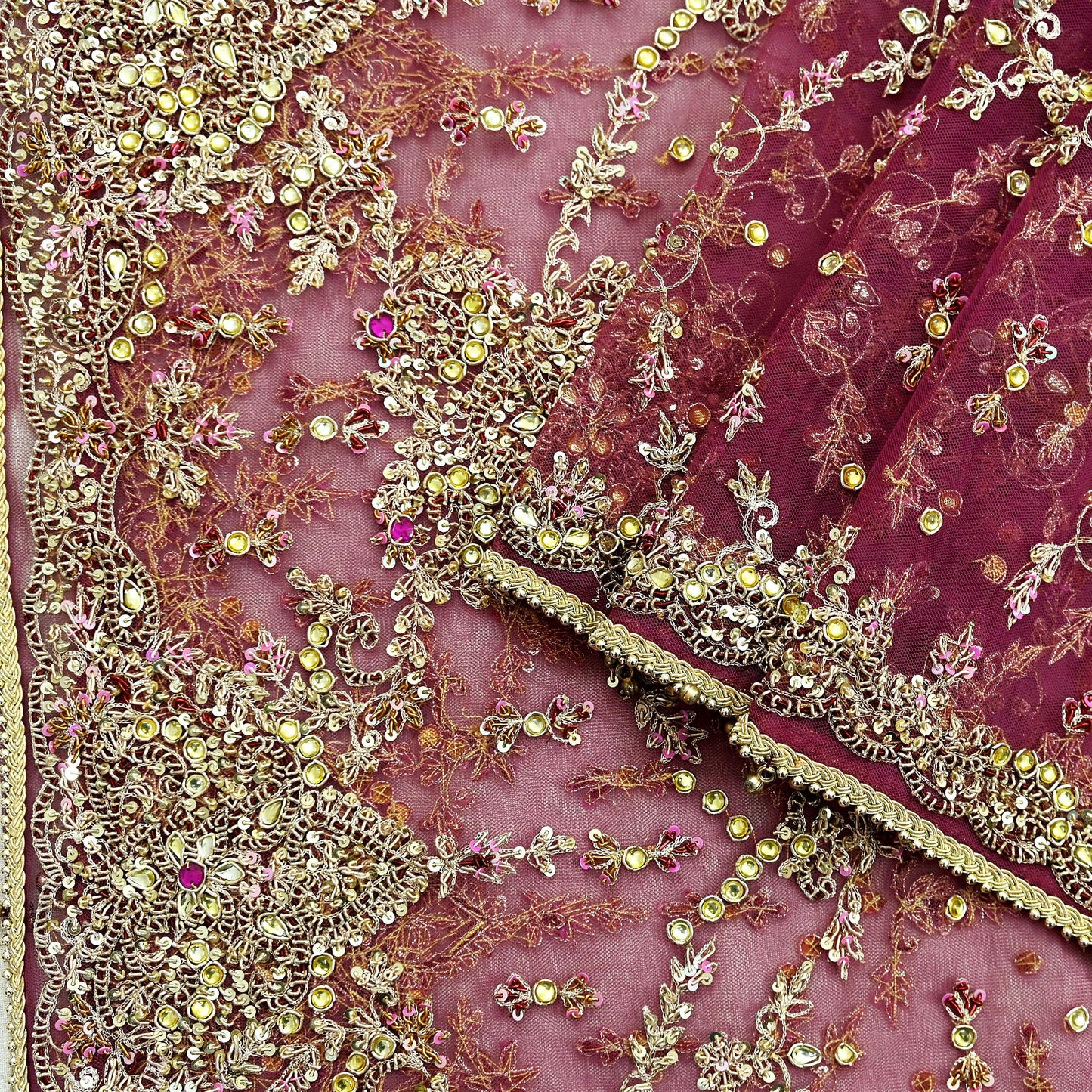 Indian Vintage Heavy Purple Dupatta Net Mesh Long Stole Hand Embroidered Scarf Zardozi Zari Sequins Stole Wedding Veil