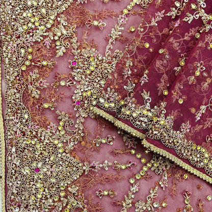 Indian Vintage Heavy Purple Dupatta Net Mesh Long Stole Hand Embroidered Scarf Zardozi Zari Sequins Stole Wedding Veil