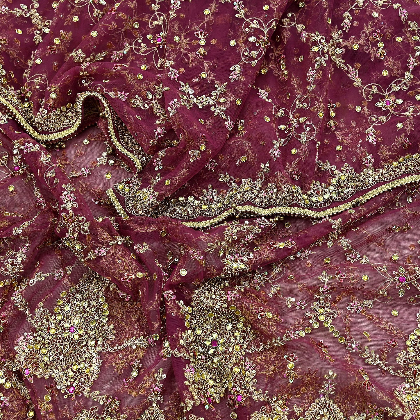 Indian Vintage Heavy Purple Dupatta Net Mesh Long Stole Hand Embroidered Scarf Zardozi Zari Sequins Stole Wedding Veil